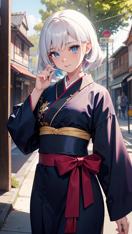 chica joven, pelo de color blanco, orejas de gato, cola de caballo alta, heterochromia, ojos azules y morados, Blue kimono, tatuaje, sin mangas, Escote profundo en el pecho., pechos abiertos, hombros abiertos, Obra maestra, alta calidad, Alto detalle, High Definition, 4k