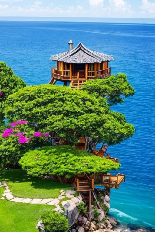 Perfection The Coolest tree house on a large rock in the middle of the sea with flowers in front of the house and trees on both sides of the house