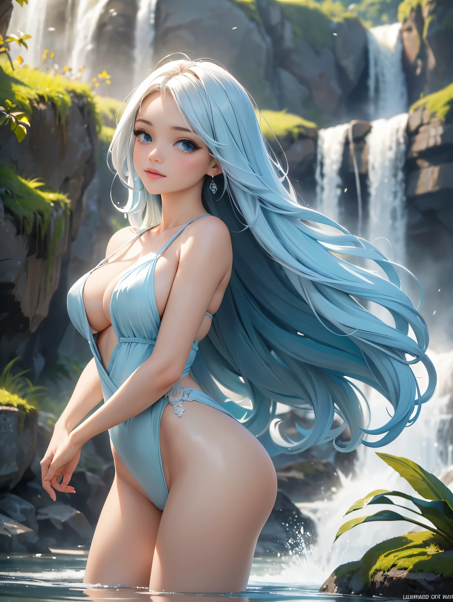 (gorgeous:1.1) (ultra-hot:1.1) European woman, age 23, She’s a playmate and men magazine supermodel. under a waterfall, (long flowing hair:1.1), (intense blue eyes), (perfect skin:1.1), (slender figure:1.1), (dressed in a white flowing dresagnificent location:1.2) with lush greenery and vibrant flowers, (crystal clear water:1.1) cascading down from a rocky cliff, (sunlight illuminating the scene:1.1), creating a (dreamlike atmosphere:1.1), (refreshing breeze:1.1), (incredible sensation:1.2) of the cool mist from the waterfall on her skin.

(best quality, highres:1.2), (ultra-detailed), (realistic:1.37) painting of an (exquisite masterpiece:1.2) capturing the (beauty and grace) of the woman as she (stands under the waterfall, (feeling the power:1.1) of nature), her (features delicately portrayed), and her (expression radiates tranquility) and (pure joy:1.1).

The (artistic style:1.1) of the painting is (realism:1.1), showcasing the (subtle play of light and shadow:1.1) on the woman's face, (emphasizing the natural beauty:1.1) of her surroundings, and (highlighting the vibrant colors:1.1) of the flowers and the waterfall.

The (soft, pastel color palette:1.1) (enhances the ethereal ambiance:1.1), adding a (subtle touch of romance:1.1) to the scene. (Warm golden sunlight:1.1) bathes the entire painting, (creating a sense of warmth:1.1) and (serenity:1.1). The (contrast between light and dark:1.1) adds depth and (dimension to the artwork:1.1), (bringing it to life).

The (impeccable attention to detail:1.1) in the painting (captures every strand of hair:1.1), the (individual droplets of water:1.1) falling from the waterfall, and the (delicate texture of the petals:1.1) on the flowers, (showcasing the artist's mastery of their craft).

By gazing at thiasterpiece:1.1), one can't help but feel (tranquility) and (awe:1.1) at the (beauty of nature:1.1) and the (expressive power:1.1) of art.