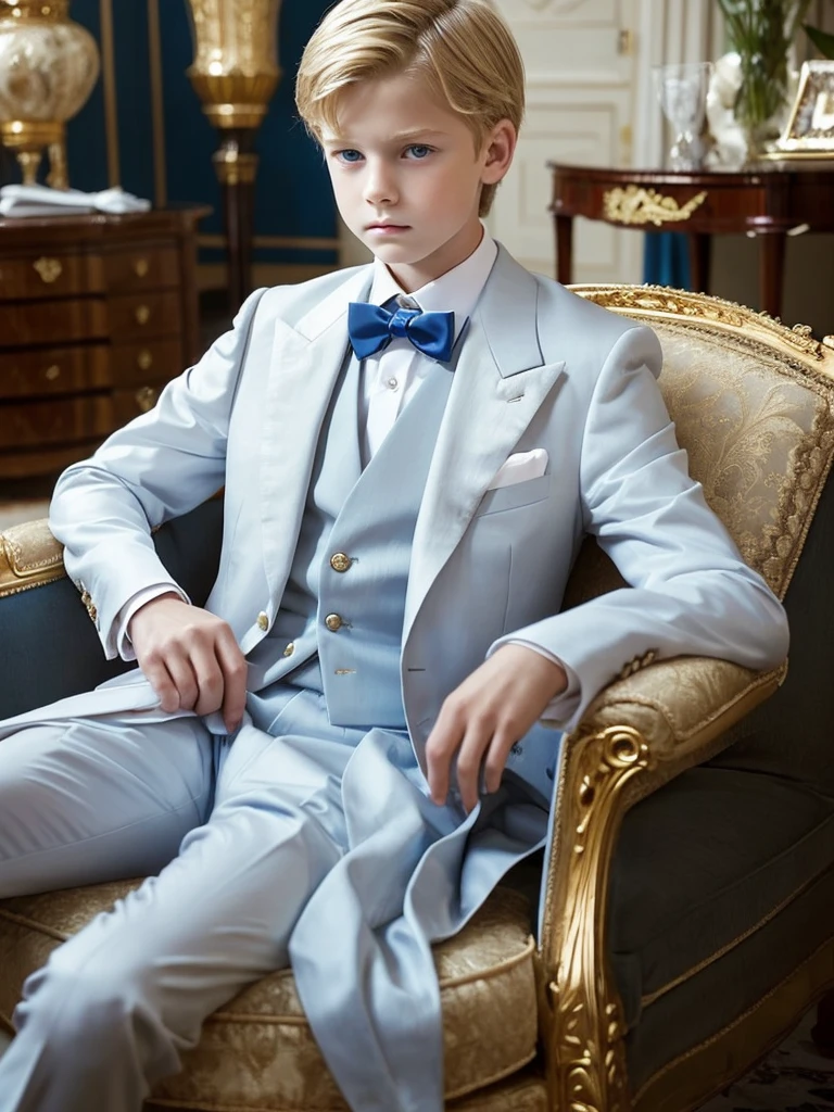 A -yeld boshort blonde hair, blue eyes, sad and serious look, white skin, fine features, handsome boy, masculine, fine European features, fine clothes, elegant, well-dressed, formal, living room, luxurious, classic, elegant, dark clothes