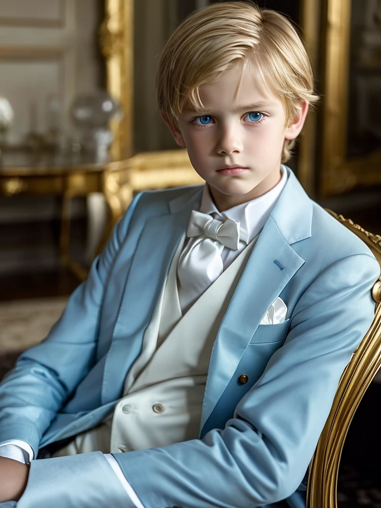A -yeld boshort blonde hair, blue eyes, sad and serious look, white skin, fine features, handsome boy, masculine, fine European features, fine clothes, elegant, well-dressed, formal, living room, luxurious, classic, elegant, dark clothes