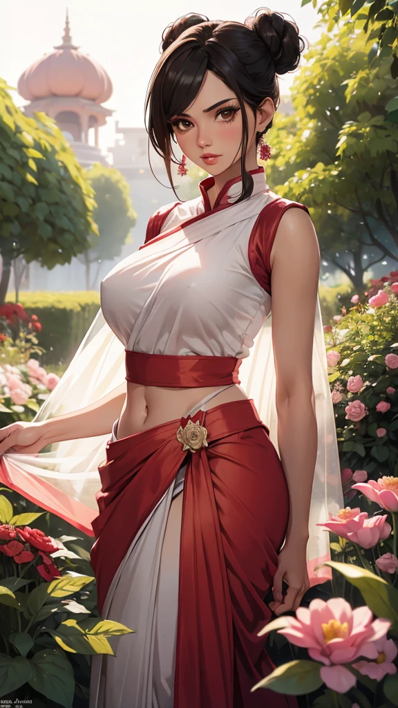 masterpiece, absurdres, tenten\(naruto\), 1girl, solo,mature female, wearing indian saree, saree has blouse sleeveless,white saree, red dupatta and red pallu, looking at viewelling petals), perfect composition, detailed lips, big breast, beautiful face, body proportion, blush, (pink lips), long black hair,double bun hair, brown-eyed, soft gaze, super realistic, detailed, photoshoot, realistic face and body, full body picture, standing in the middle of a flower garden