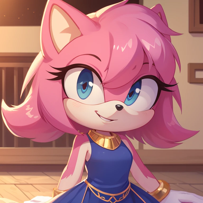 mom tenrec mobian, female mobian, mom dress, royal pink hair, bob cut hair, royal pink fur, (mom body), royal blue eyes, mom, cute smile, outline, Intricate Details, Masterpiece, Best Quality, High Quality, Studio Quality, Best Detail, Perfect Detail, Refine Detail.