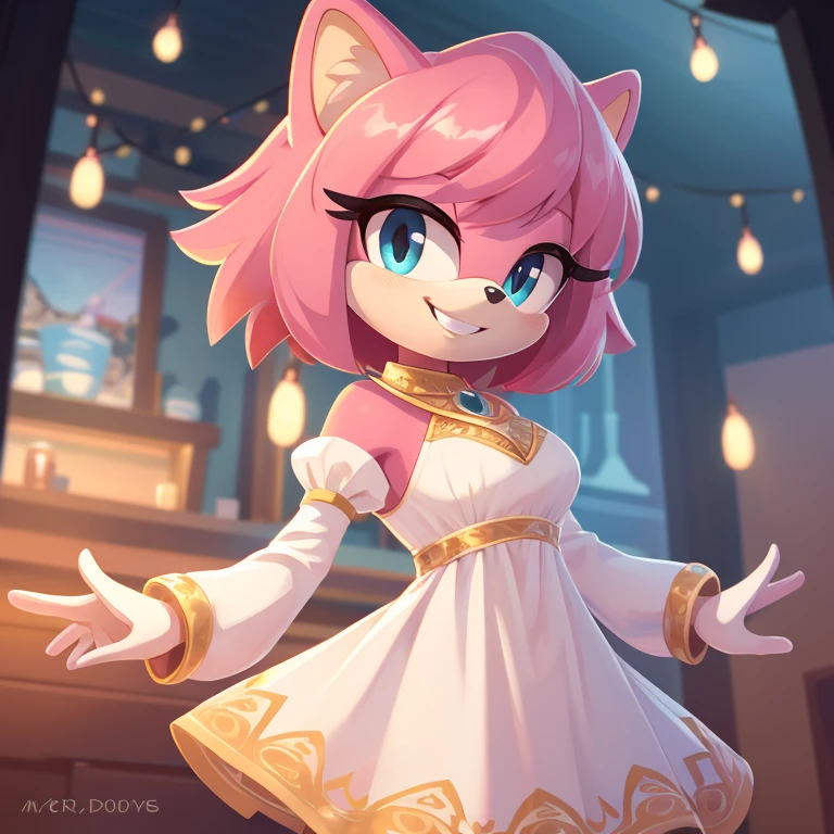 mom tenrec mobian, female mobian, mom dress, royal pink hair, bob cut hair, royal pink fur, (mom body), royal blue eyes, mom, cute smile, outline, Intricate Details, Masterpiece, Best Quality, High Quality, Studio Quality, Best Detail, Perfect Detail, Refine Detail.