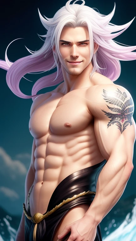 1man, White Hair, Long tied Hair, Orange eyes, naked, purple fin ear, manly, manhwa style, mermaid's tail is blue and light pink, there is a black dragon tattoo on his back. Smiling showing his teeth, fantasy art, photo realistic, dynamic lighting, artstation, poster, volumetric lighting, very detailed faces, 4 k, award winning,