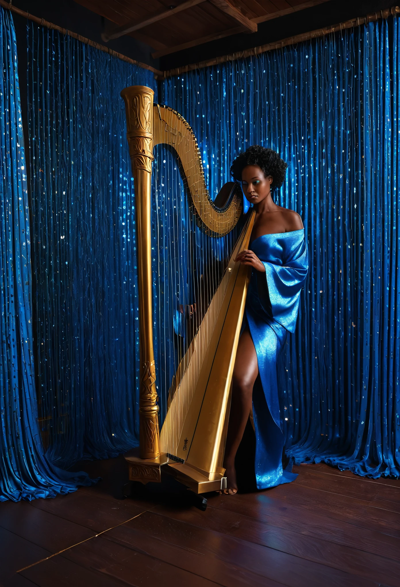 Black nubian woman dressed in blue silk glittering kimono playing a harp in a dojo, a curtain made of blue strings is in between her and the viwer, the string curtain glittering with iridescent light, highly detailed images, vibrant beautiful colours, hyperrealistic image, 32k, ultra HD, unreal engine rendered, cinematic lighting, artgerm style,
