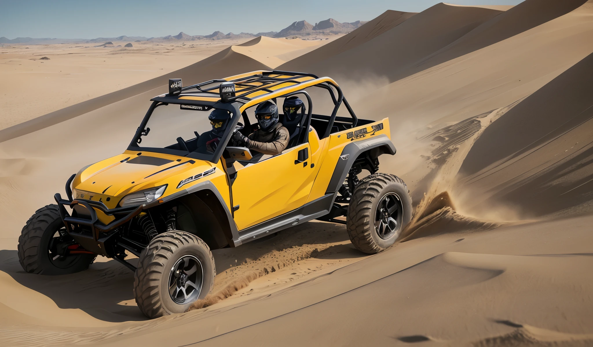 ((best quality)), ((masterpiece)), (detailed), realistic, a close up of a person driving a black utv in the desert, buggy, dune, mixed art, tesla dune buggy, photos, sand, dynamic angled shot, high speed action, off - road, intense look, video, vehicle, dynamic action shot, off-roading, action shot,
