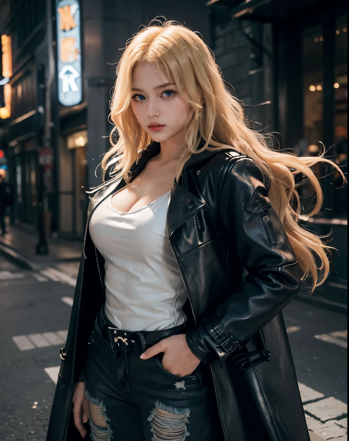 1girl, (Blue Eyes), (serious face), (Sana Minatozaki), wide hips, Big tits, big ass, (thin waist: 1.2), (thick and toned thighs), (Best Quality, 8k, Masterpiece: 1.3), Clear Focus: 1.2, Perfect Body Beauty: 1.4, strong abs, Highly detailed face and skin texture, detailed eyes, double eyelids, (blond long wavy hair :1.2), (black leather long overcoat :1.3), (white tanktop :1.1), (ripped jeans :1.3), standing, dynamic pose, on a street at night, night, dark environment, low light, ((shadow hunter))