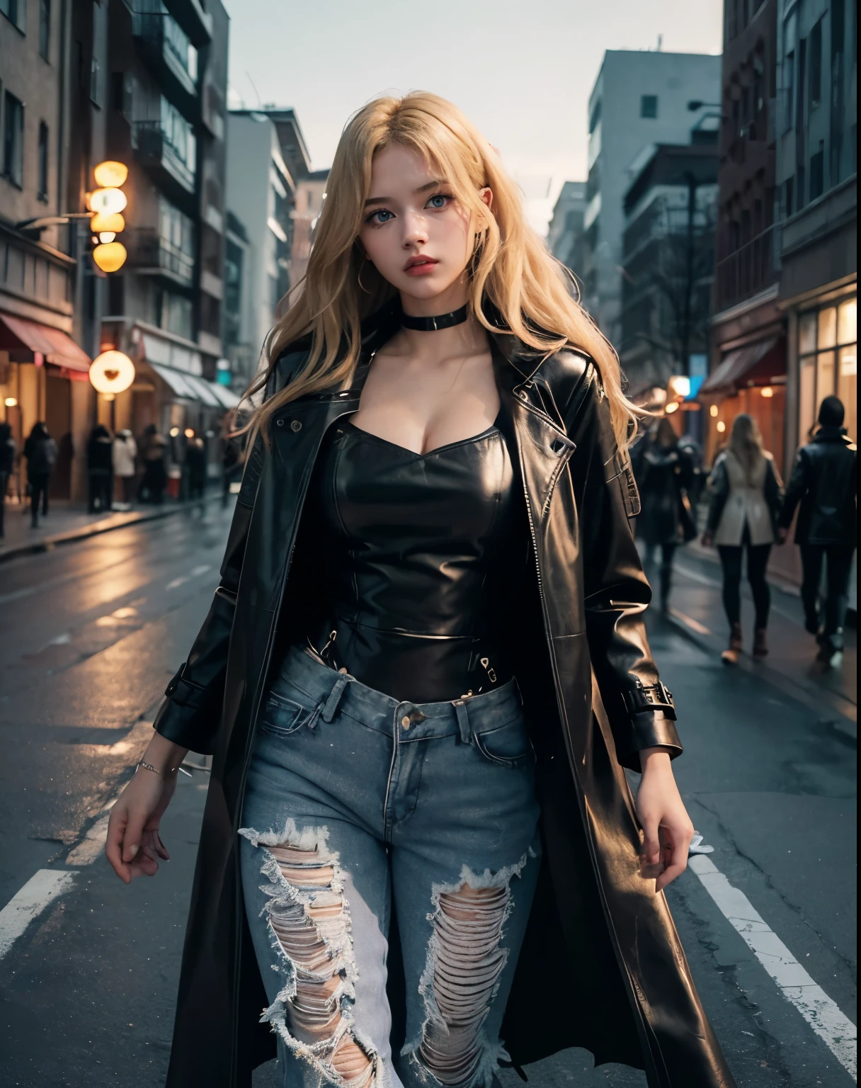 1womanl, (blue colored eyes), (serious face), (Sana Minatozaki), Broad Hips, big fit ass , bunda big fit ass, (Waist slender: 1.2), (thick, toned thighs), (best qualityer, 8K, work of art: 1.3), Focus Clear: 1.2, Perfect Body Beauty: 1.4, Strong abdomen, Highly detailed texture of face and skin, detailedeyes, Double eyelids, (long wavy blonde hair :1.2), (long black leather overcoat :1.3), (White tank top :1.1), (Ripped jeans :1.3), standing, dynamic pose, on a street at natta, natta, dark surroundings, low light, ((shadow hunter))