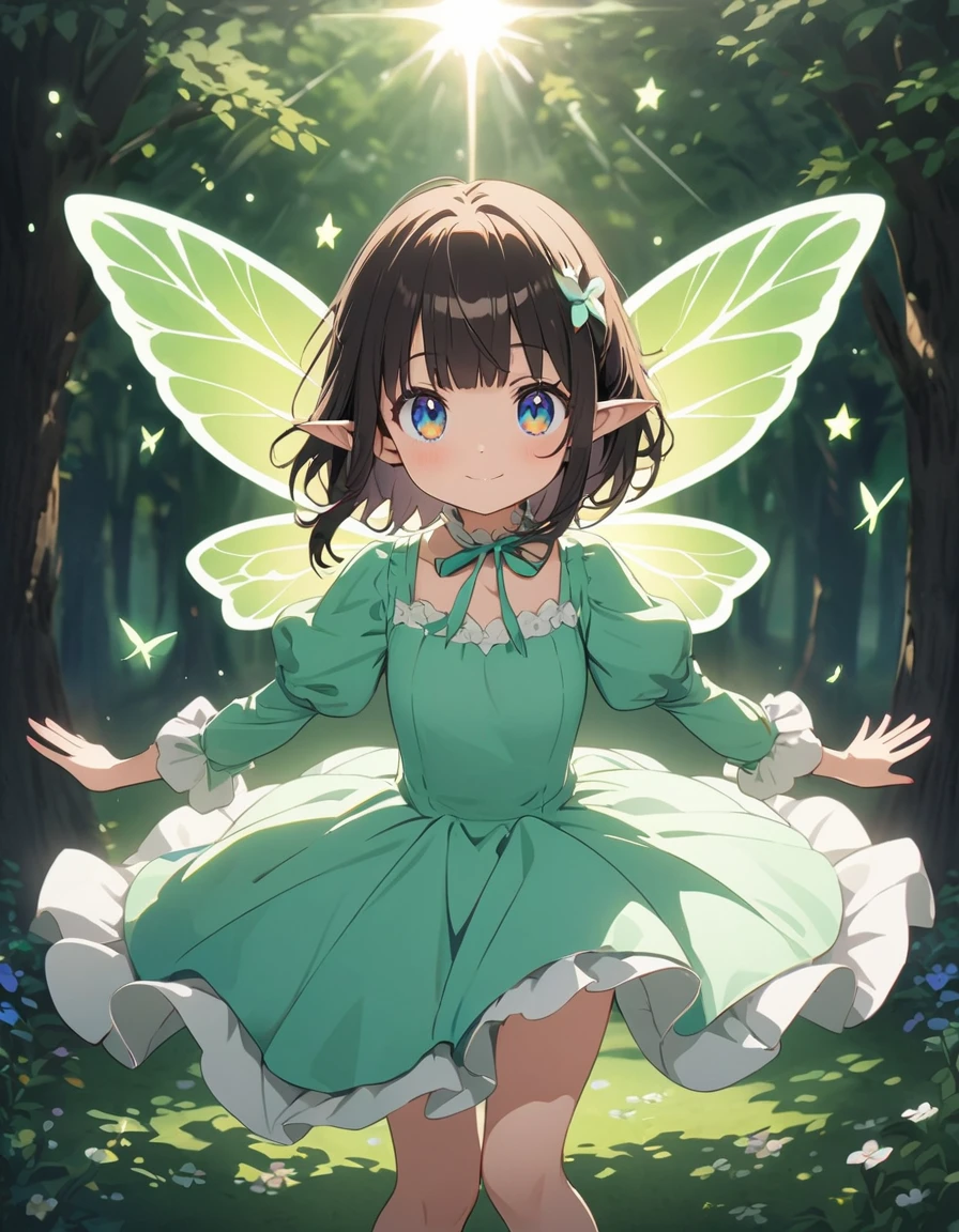Anime girl in green and black costume on wings and green background, pixie character, fairy, forest fairy, insect trainer girl, brunette elf with fairy wings, pixie, cute 3d anime girl rendering, April rendering, fairy dance, open legs  、(highest quality、masterpiece、High resolution、detailed)、animeスタイル、Flat Style、(Shining Eyes、detailed美しい顔),  BREAK,extremely detailed(The Shining), Best lighting, Best Shadow、High saturation、anime