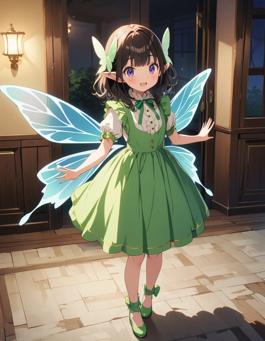 Anime girl in green and black costume on wings and green background, pixie character, fairy, forest fairy, insect trainer girl, brunette elf with fairy wings, pixie, cute 3d anime girl rendering, April rendering, fairy dance, open legs  、(highest quality、masterpiece、High resolution、detailed)、animeスタイル、Flat Style、(Shining Eyes、detailed美しい顔),  BREAK,extremely detailed(The Shining), Best lighting, Best Shadow、High saturation、anime