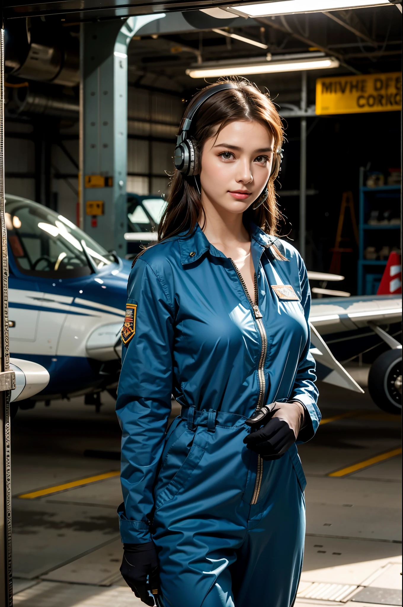 Best quality, ((professional photograph, RAW photo)), Insanely realistic, an extremely delicate and beautiful, ultra high res, realistic lighting and shading, (Realistic image of a extremely pretty female Aircraft mechanic, solo), Inside a spacious Aircraft hangar, Monoplane fighters of the World War II era line the background, Aircraft parts scattered on the floor, Tools for maintenance, She does aircraft maintenance, (wearing Military camouflage patterned Long-sleeved mechanic's coverall), (wearing mechanic's heavy-duty glove), (Wearing a headset), her hair is tied back later, very professional mechanic, inscrutable smile, (extremely beautiful depiction of the eyes and face), (insanely beautiful natural skin texture), Accurate eyes, Accurate hands, Well-balanced overall body