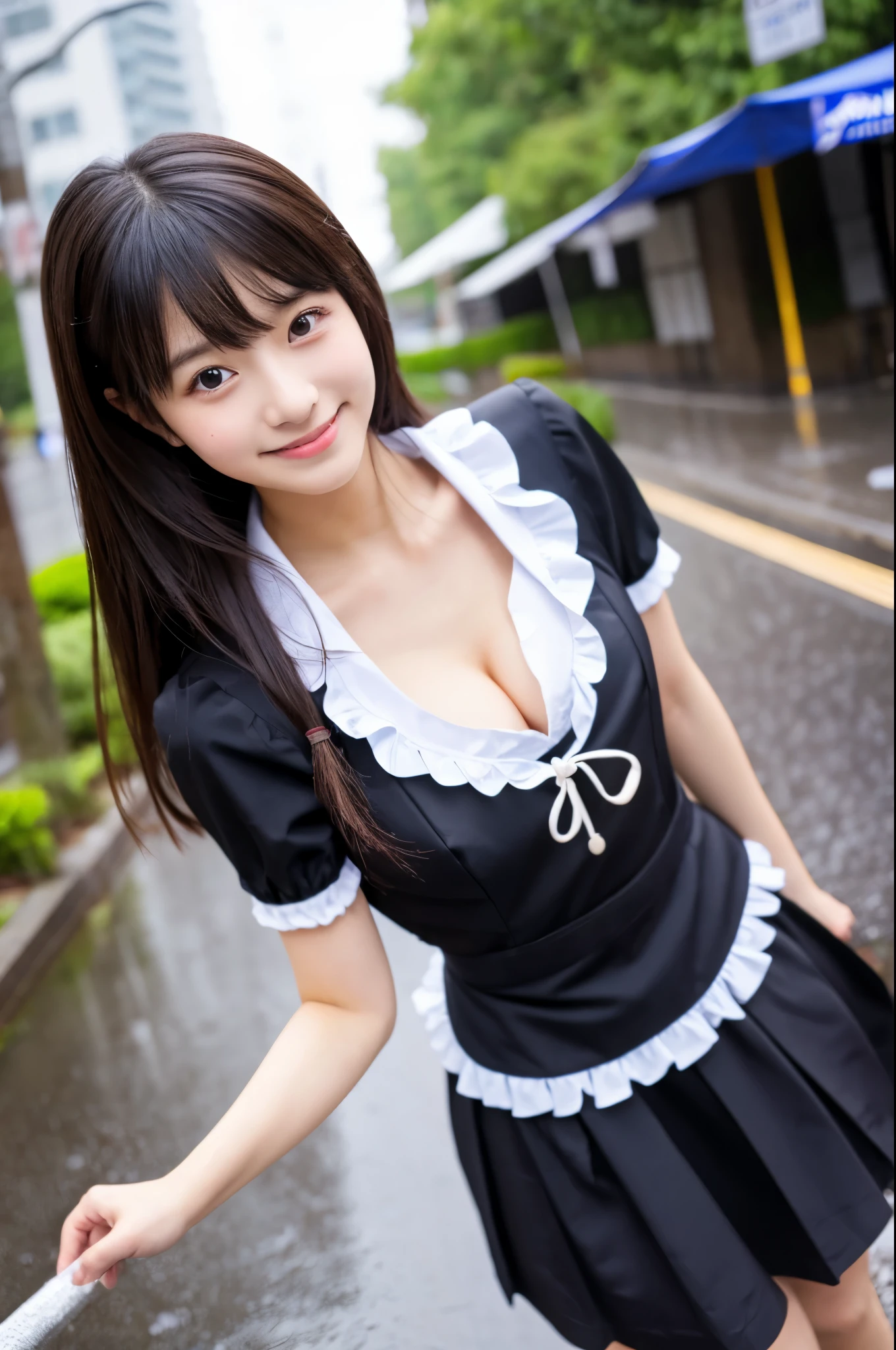 masterpiece、超High resolution、Pouring rain、雨でwhole bodyがずぶ濡れ、She is very cute and young like an idol..々Beautiful 18 year old Japanese girl、Gentle and cute、A kind smile　Her job is a maid　Walking on a sidewalk in a big city during heavy rain　She is wearing a Japanese maid outfit、Small bust　Maid uniform that shows cleavage　whole body、RAW Photos、Genuine、High resolution、Life、No copyright notice