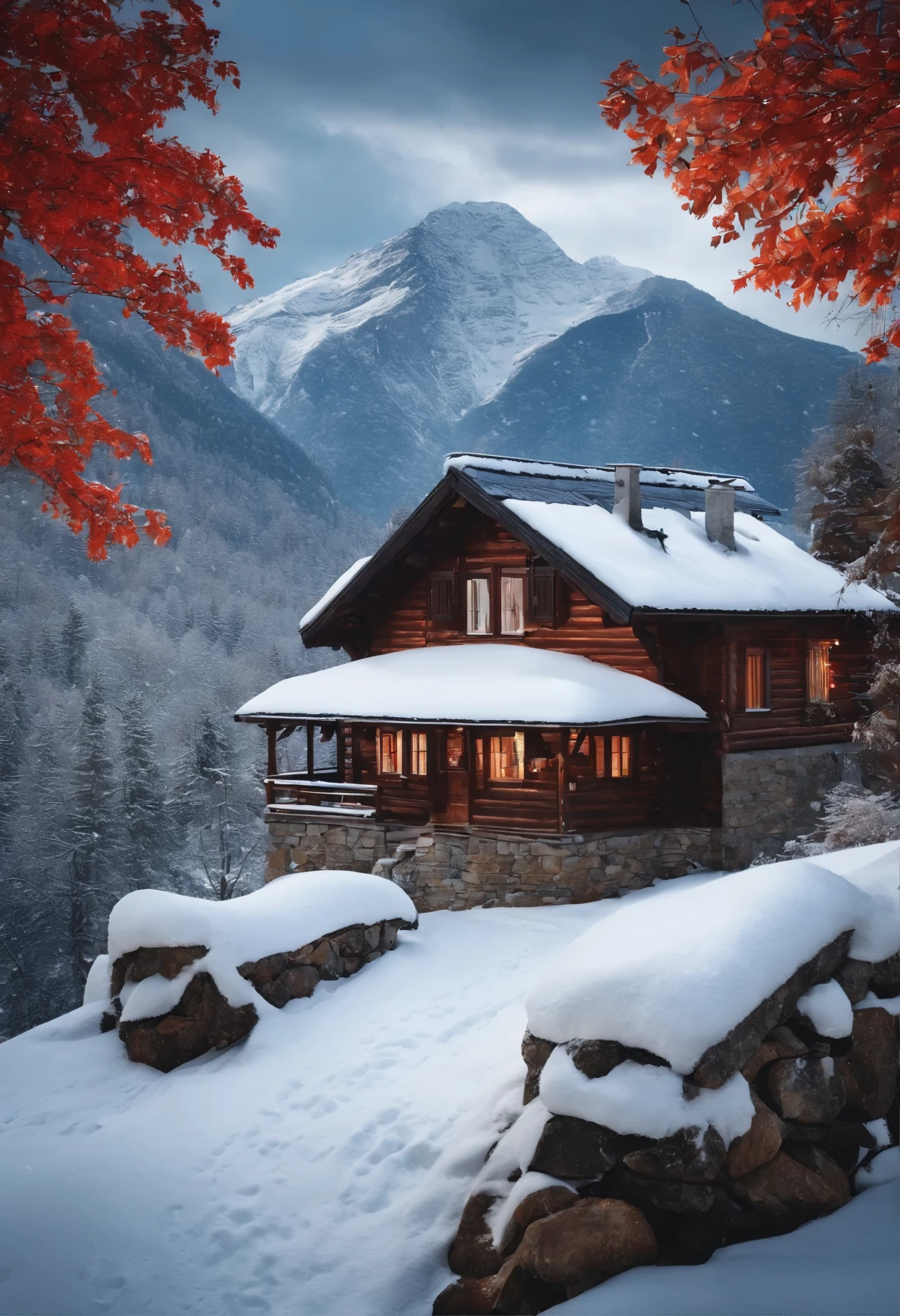 The beautiful scene of mountain with the snow on top and the house with snowing