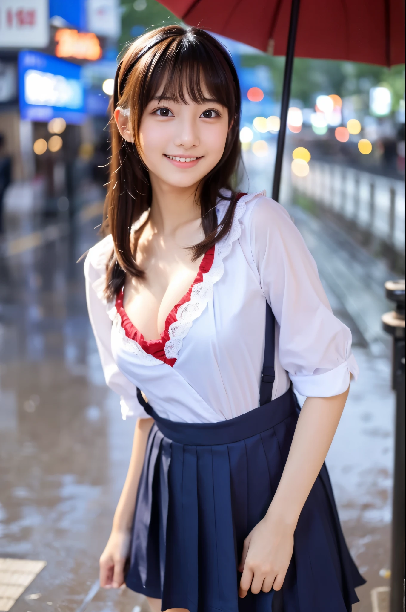 masterpiece、超High resolution、Pouring rain、雨でwhole bodyがずぶ濡れ、She is very cute and young like an idol..々Beautiful 18 year old Japanese girl、Gentle and cute、A kind smile Her job is a maid Walking on a sidewalk in a big city during heavy rain She is wearing a Japanese maid outfit、Small bust Maid uniform that shows cleavage whole body、RAW Photos、Genuine、High resolution、Life、No copyright notice