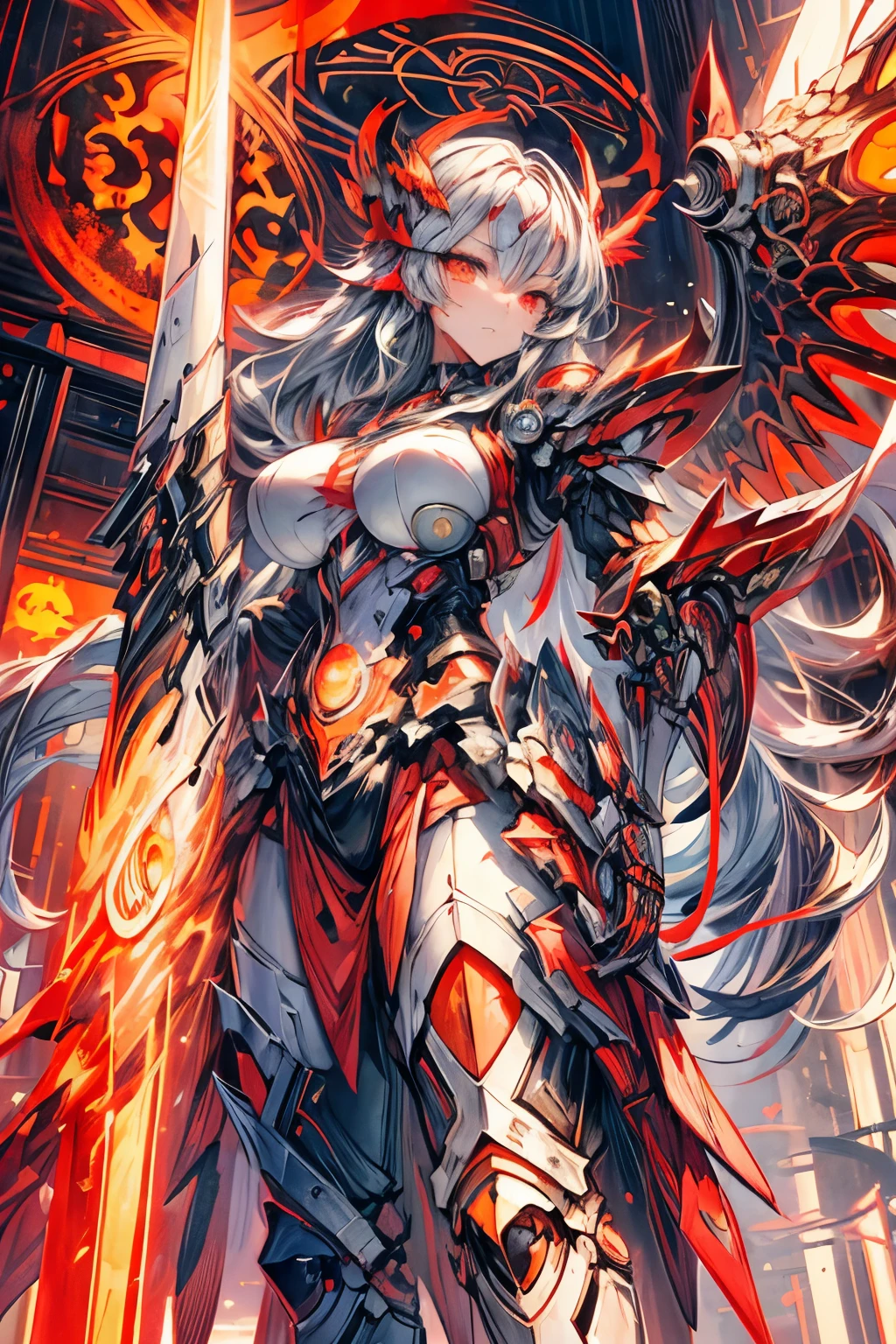 (masterpiece, best quality, expressive eyes, perfect face), (anime), 1girl, fire aura, orange eyes, (symbol eyes, fire eyes), mechanical wings, mechanical armor, (holding a large futuristic cannon), long white hair,
