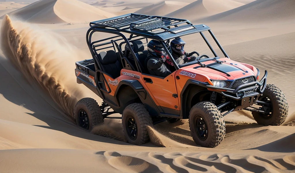 ((best quality)), ((masterpiece)), (detailed), realistic, a close up of a person driving a black utv in the desert, buggy, dune, mixed art,  dune buggy with light bar on roof, photos, sand, dynamic angled shot, high speed action, off - road, intense look, video, vehicle, dynamic action shot, off-roading, action shot,