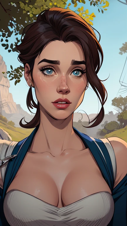 Personagem mulher estilo atompunk Fallout 4 Jennifer Connelly le com marcas de guerras Imagem de desenho animado de uma mulher .Ilustra??o estilo desenho animado, estilo de arte dos desenhos animados, estilo de arte dos desenhos animados, digital illustration style, estilo atompunk design de personagens altamente detalhado, arte digital detalhada coragem, Forest fan art, Design de personagens de retrato, beautiful digital illustration, retrato de alta qualidade, Arte em quadrinhos, mulher jovem cabelo com transas lindas . Queen Anna of ArendelleBeautiful lined eyes Medium large bust and wonderful  clothes. image expression of  desire from waist to head illustration Queen Anne of Arendelle atompunk style Fallout 4 The perspective is from above, emphasizing the majesty and power of the Giant."