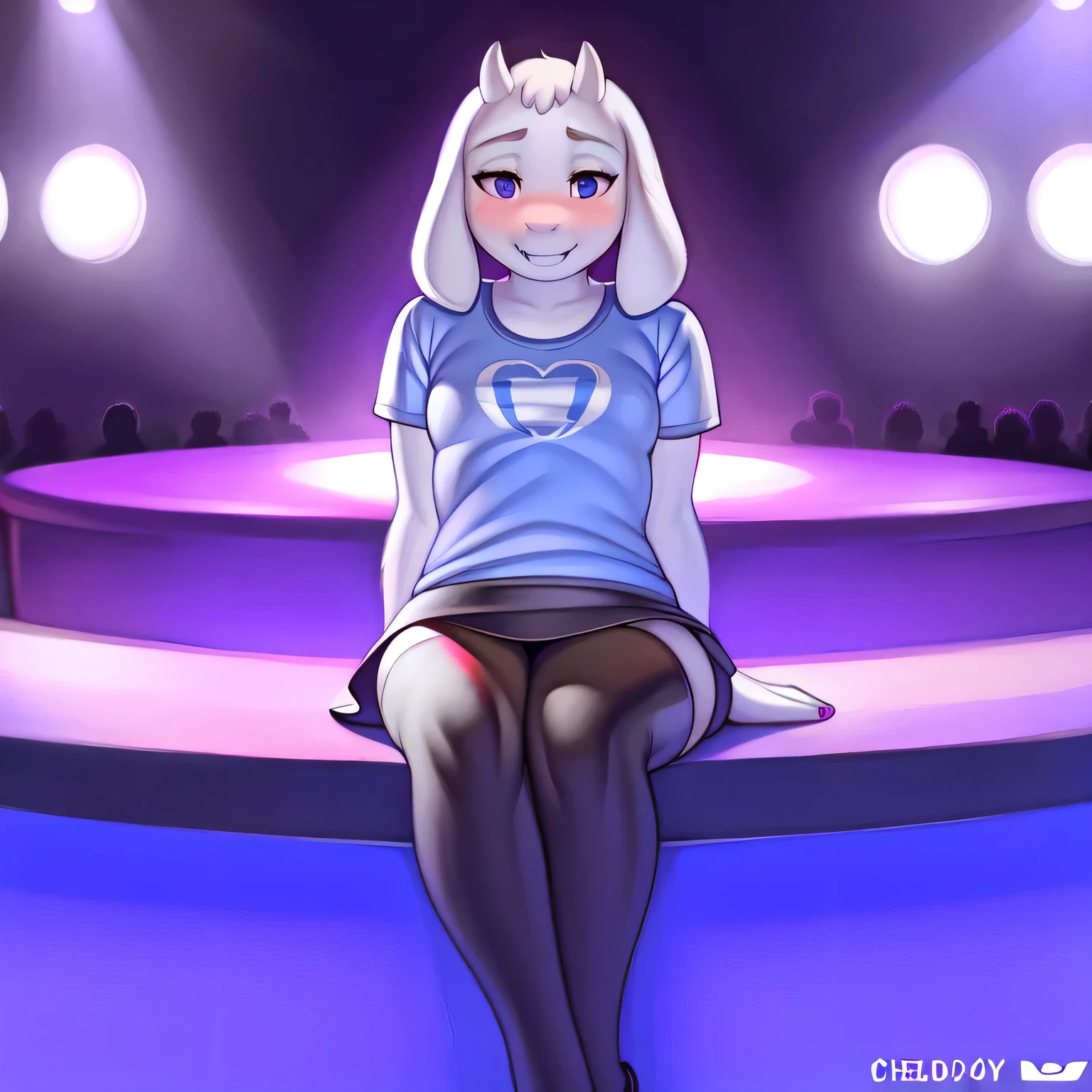 By chelodoy, Toriel, young, small breasts, leggings , t-shirt, sitting , shy, upskirt, nightclub 