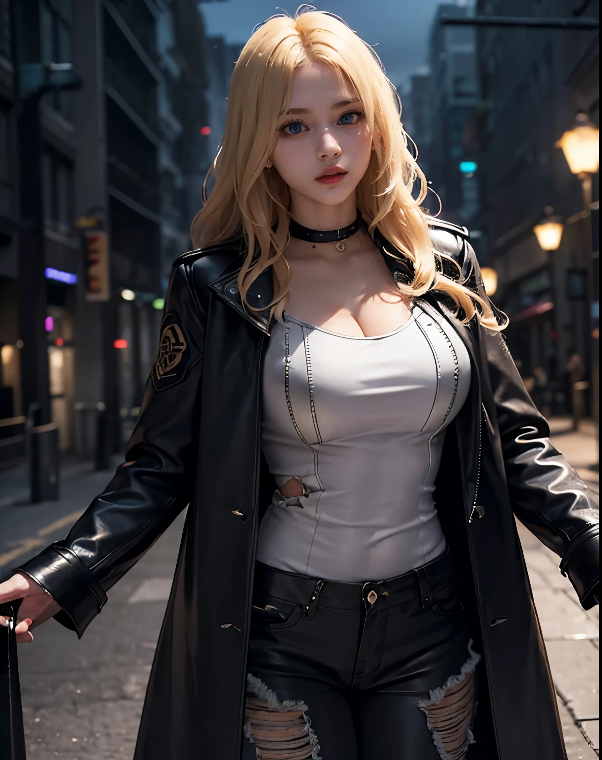1girl, (Blue Eyes), (serious face), (Sana Minatozaki), wide hips, Big tits, big ass, (thin waist: 1.2), (thick and toned thighs), (Best Quality, 8k, Masterpiece: 1.3), Clear Focus: 1.2, Perfect Body Beauty: 1.4, strong abs, Highly detailed face and skin texture, detailed eyes, double eyelids, (blond long wavy hair :1.2), (black leather long overcoat :1.3), (white tanktop :1.1), (ripped jeans :1.3), standing, dynamic pose, on a street at night, night, dark environment, low light, ((shadow hunter))