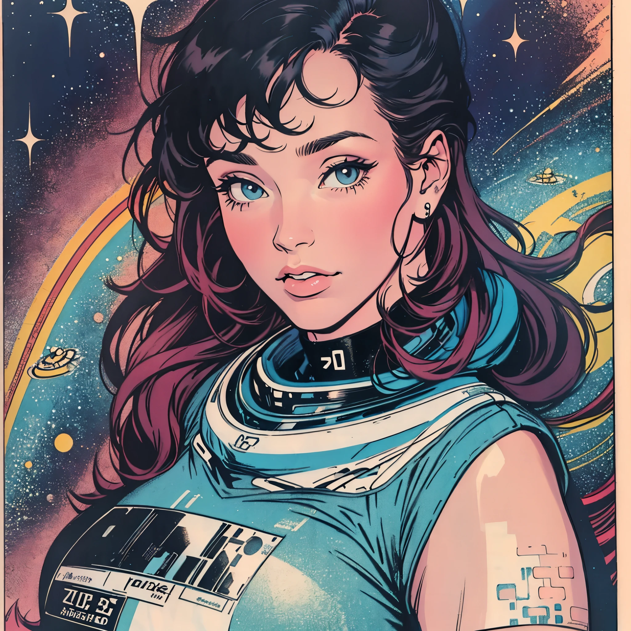 ultimate best quality,beautiful woman,speech bubble,big brest,galaxy,60s,70s,80s,colorful,cosmo,space,