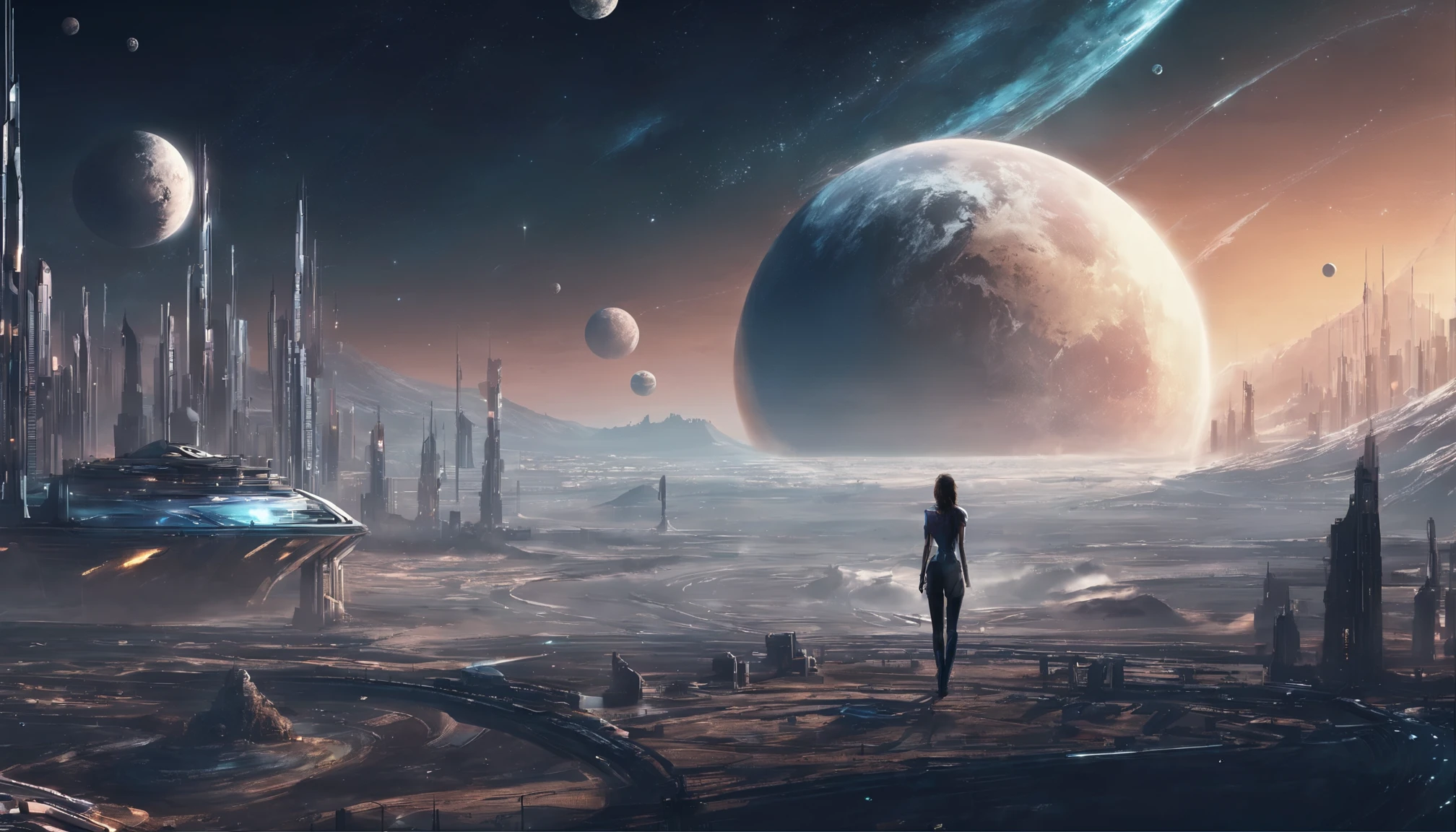 Looking at the Earth from the Moon,There is a futuristic city on the moon, and people are looking up at the night sky from the ground.,The grey Earth floats in the night sky,A beautiful android woman is looking up,