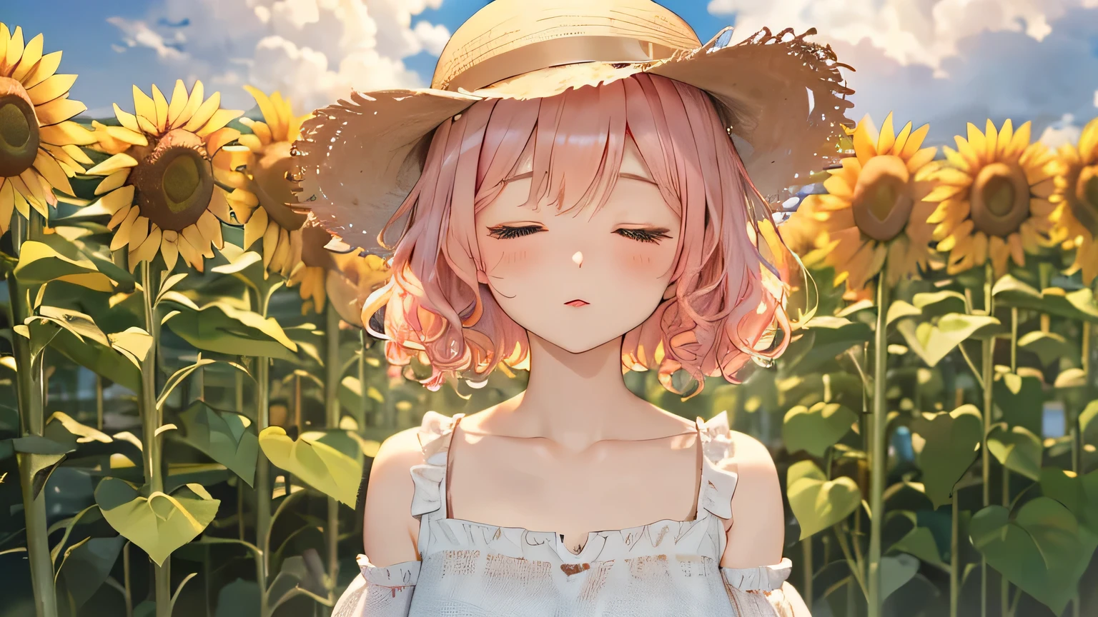(One transcendent beautiful girl)、ultra-detailed、(8k, RAW photo, best quality, masterpiece:1.2), (extremely detailed 8k wallpaper),professional lighting,sharp focus, depth of field、(((whole body)))、Beautiful legs、Sandals、nfws,((Pink fluffy short bob、rainbow colored curl hair、Curly hair))、Flower Hair Ornaments、shoulder、clavicle、Sunflower field(Sunflowers are facing the same direction),Straw hat、The wind is blowing、Close your eyes and ask for a kiss