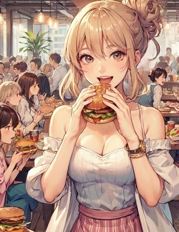 Only one female, Sit at the table, (holding a hamburger) On both hands, taking a big bite, Stylish clothing, Mature Woman, /(beige blonde hair/) bangs, Smile, (Open your mouth) big, (teeth:0.8), (Masterpiece of the highest quality:1.2) Delicate illustrations, super detailed, large breasts break (big hamburger) break (Casual Restaurant) indoor, Fast food, Crowded, Detailed Background