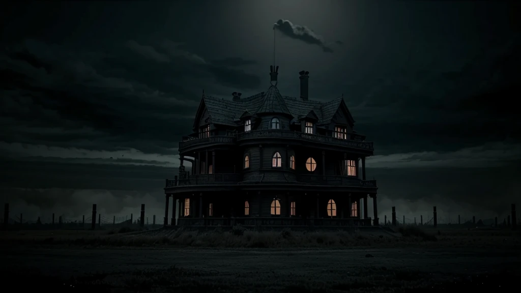 A dark and sinister house in a city, Tim Burton style animation
