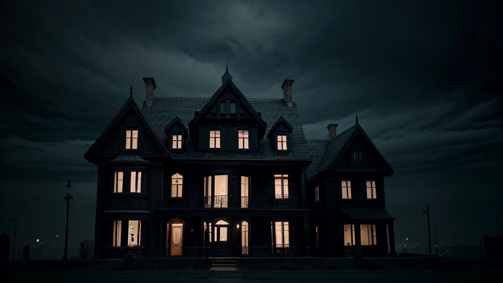 A dark and sinister house in a city, Tim Burton style animation