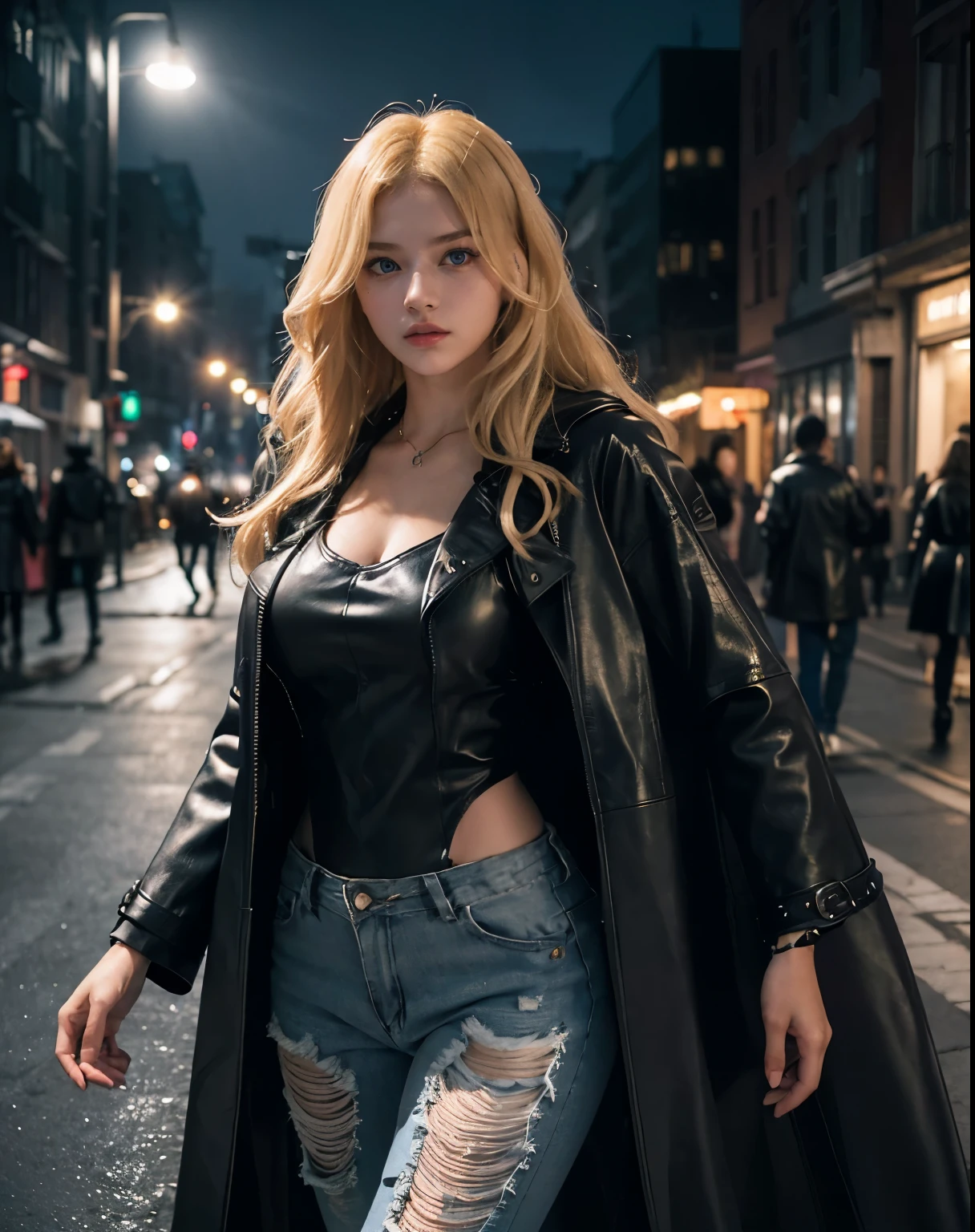 1girl, (Blue Eyes), (serious face), (Sana Minatozaki), wide hips, Big tits, big ass, (thin waist: 1.2), (thick and toned thighs), (Best Quality, 8k, Masterpiece: 1.3), Clear Focus: 1.2, Perfect Body Beauty: 1.4, strong abs, Highly detailed face and skin texture, detailed eyes, double eyelids, (blond long wavy hair :1.2), (black leather long overcoat :1.3), (white tanktop :1.1), (ripped jeans :1.3), standing, dynamic pose, on a street at night, night, dark environment, low light, ((shadow hunter))