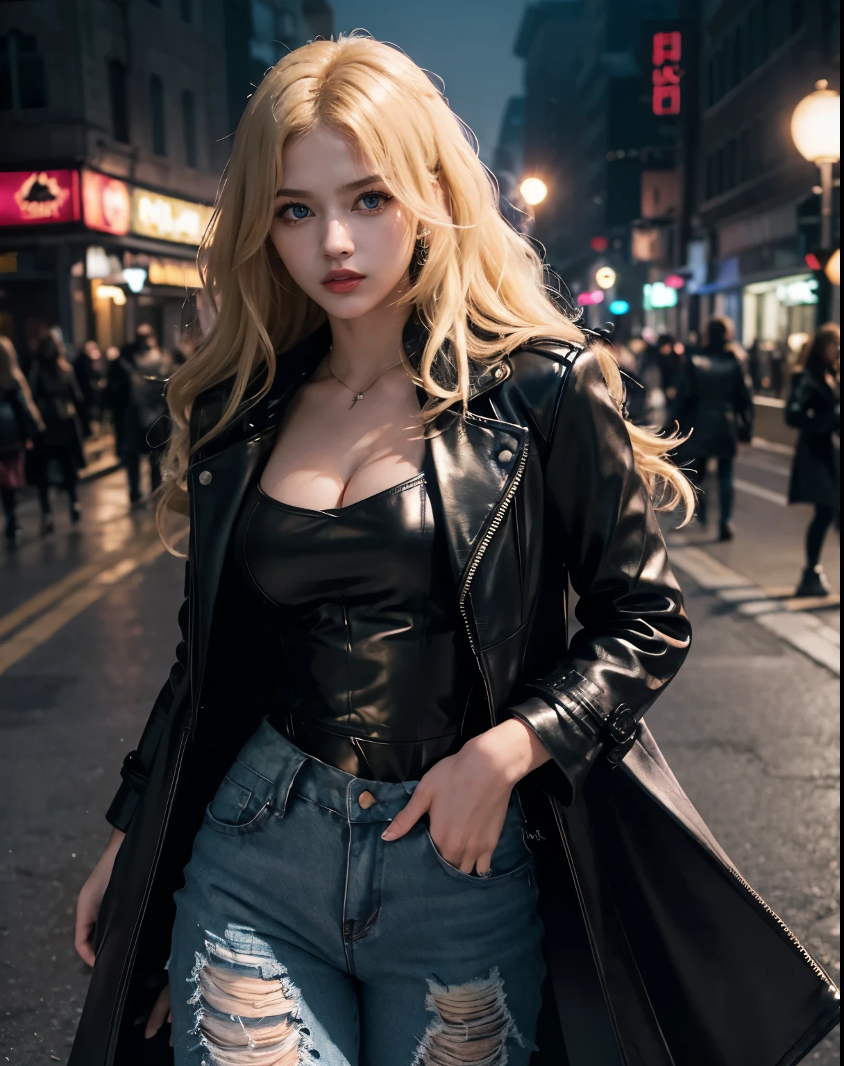 1girl, (Blue Eyes), (serious face), (Sana Minatozaki), (black makeup), (black eye shadow), wide hips, Big tits, big ass, (thin waist: 1.2), (thick and toned thighs), (Best Quality, 8k, Masterpiece: 1.3), Clear Focus: 1.2, Perfect Body Beauty: 1.4, strong abs, Highly detailed face and skin texture, detailed eyes, double eyelids, (blond long wavy hair :1.2), (black leather long overcoat :1.3), (white tanktop :1.1), (ripped jeans :1.3), standing, dynamic pose, on a street at night, night, dark environment, low light, ((shadow hunter))