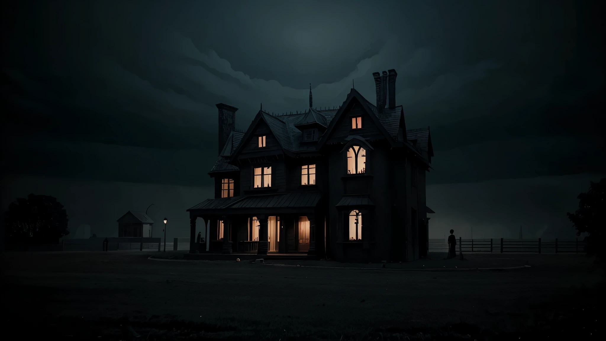A dark and sinister house in a city, Tim Burton style animation