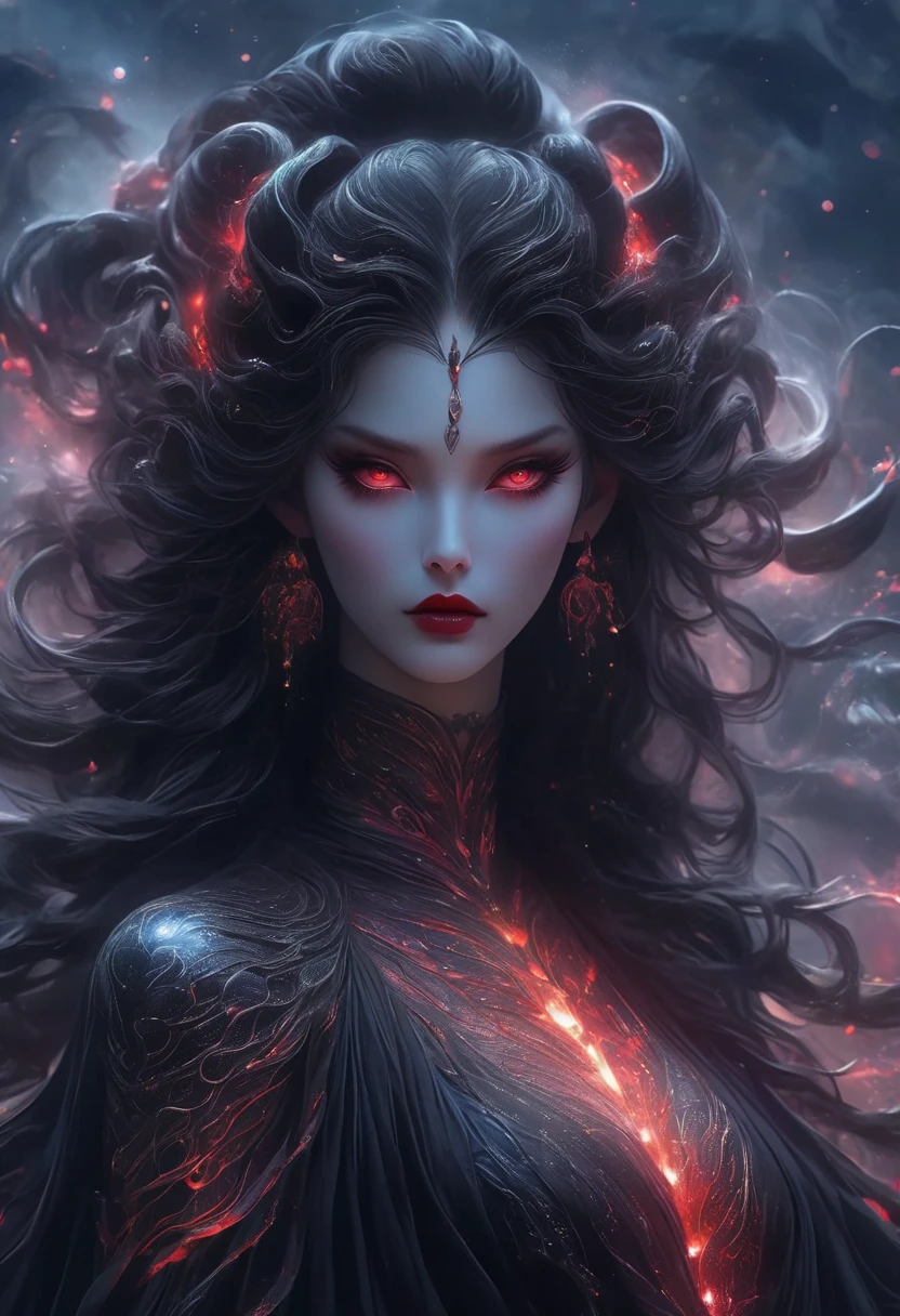 A cunning female demon from the depths of the universe，Her face is both terrifying and elegant，Her intense expression matches her pale skin and dark shadows.，拥有锋利而又Extra long的尖牙，(Extra long，Extremely detailed)，Her body is covered with snake eyes，Waist-length black hair，Wave-like surging。Her eyes flashed red，Her claws are mercilessly sharp，A dark atmosphere surrounds，Create an ominous atmosphere，This demonic being is set against a backdrop of a universe filled with stars and galaxies.，A celestial landscape，Full of mysterious energy and ethereal light，She exudes an otherworldly beauty，Cursed and charming，Her tongue and scales are like a snake，Her glowing black wings，Black feathers with intricate patterns and a metallic sheen，The jagged outlines of the mountains surround her，Fascinating glowing forests and phosphorescent plants，Blood red moon，Shattered Dimensions and Portals，Crackling sparks of electricity and energy，All of these add an indelible deception and confusion to her beauty.，This woman wields manipulation and supernatural powers，She is mysterious and attractive，Powerful and unruly，She seems to be awe-inspiring and respectful，A fusion of Gothic and Surrealist art styles，Contrasting colors、The black and red color palette creates a，Dramatic lighting and deep shadows intersect in this juxtaposition of light and dark.