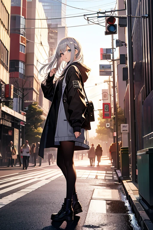 The background is Shibuya,Isometric image of a slender girl with silver hair and blue eyes, similar to Hoshino Rumi, looking back cunningly during a date,Full-body portrait
