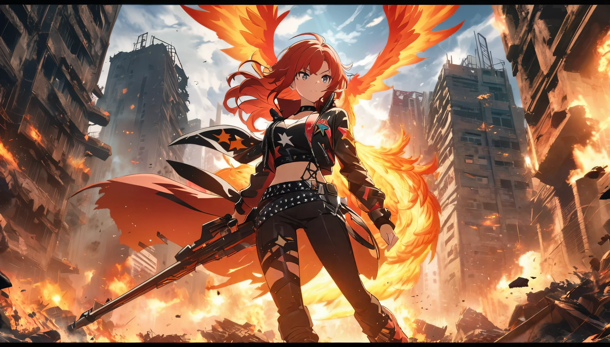 1 beautiful woman with long red hair, rockstar clothes, burning skies and a large phoenix flying in the sky, city in ruins in the background, lighting coming from the flames, very high resolution, very high definition, dynamic composition, intricate details, cinematic vision, image of action