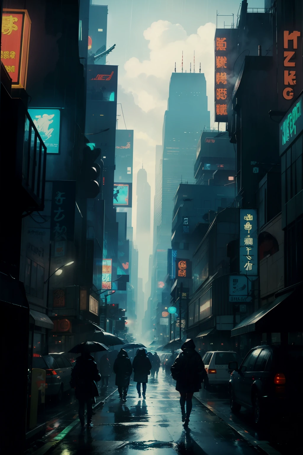 ((highest quality)), ((masterpiece)), (be familiar with), (High definition), (Accurate), (Realistic), (Cinematic), (Best Shadow), (Low contrast), (8K), Perfect Face, ((SYD MEAD style)), manga、mangaデザイン、Storyboard、Frame division、((1 Girl))、(Replicant), ((Black Hair, very short hair, Blue Eyes)), (Black hooded raincoat)、Glittering neon signs、congestion, congestion, Decadent Future City, NEO TOKYO, A.D.2051, (steam:1.2), It's raining white, evening, Bust shot of a girl