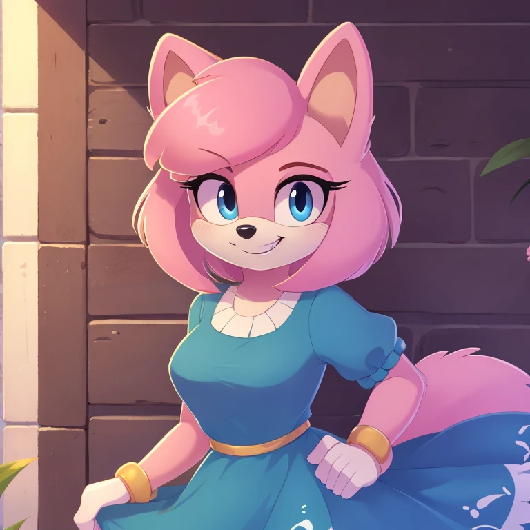mom tenrec mobian, female mobian, mom dress, royal pink hair, bob cut hair, royal pink fur, (mom body), royal blue eyes, mom, cute smile, outline, Intricate Details, Masterpiece, Best Quality, High Quality, Studio Quality, Best Detail, Perfect Detail, Refine Detail.