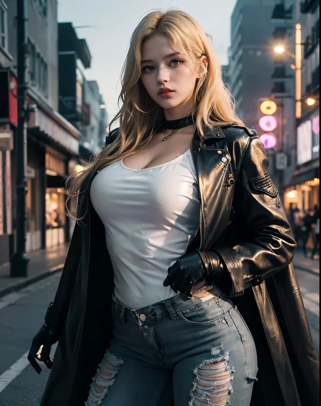 1girl, (Blue Eyes), (serious face), (Sana Minatozaki), (black makeup), (black eye shadow), wide hips, Big tits, big ass, (thin waist: 1.2), (thick and toned thighs), (Best Quality, 8k, Masterpiece: 1.3), Clear Focus: 1.2, Perfect Body Beauty: 1.4, strong abs, Highly detailed face and skin texture, detailed eyes, double eyelids, (blond long wavy hair :1.2), (black leather long overcoat :1.3), (white tanktop :1.1), (ripped jeans :1.3), standing, dynamic pose, on a street at night, night, dark environment, low light, ((shadow hunter))