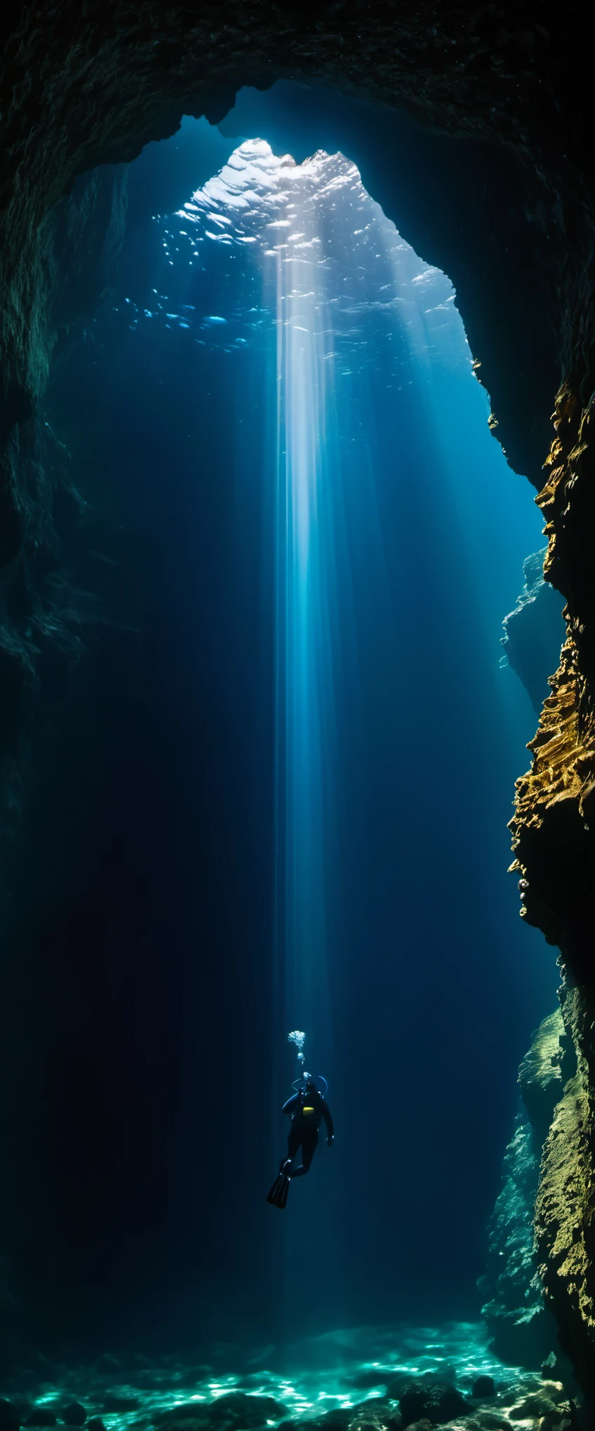 Divers swim to the bottom of the deep sea canyon,Vertical composition,Claustrophobic,Extreme darkness,The bottom of the canyon is glowing