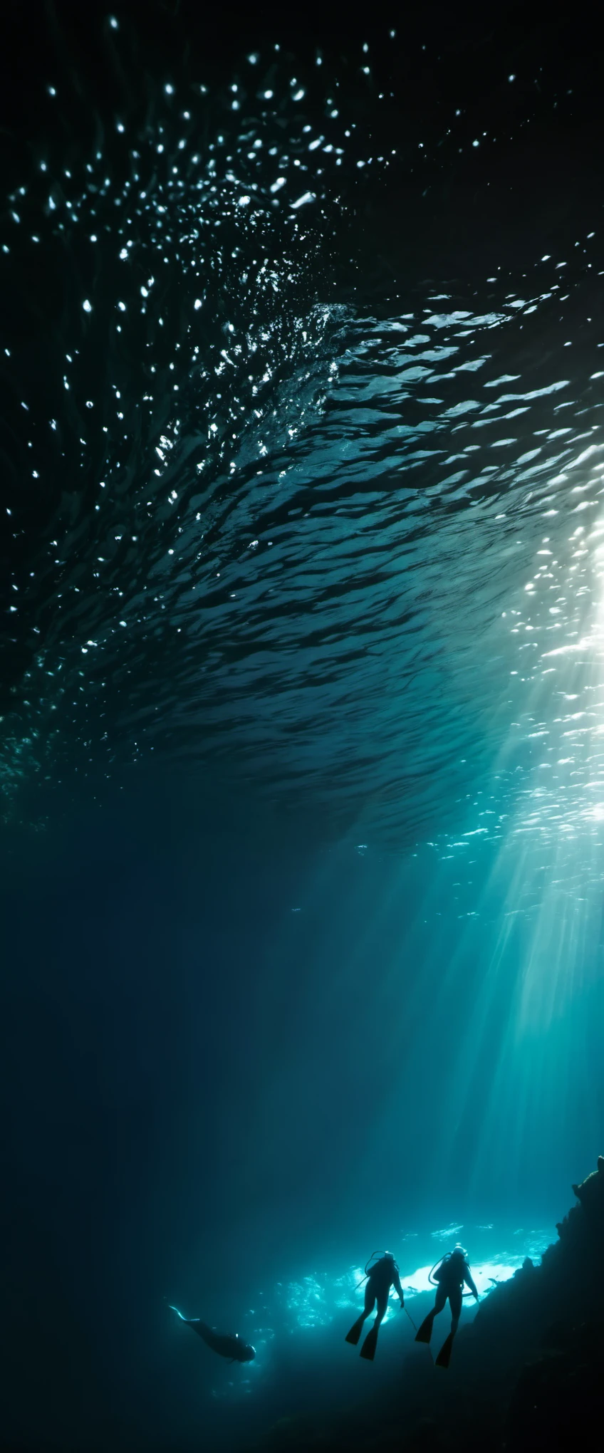 Divers swim to the bottom of the deep sea canyon,Vertical composition,Claustrophobic,Extreme darkness,The bottom of the canyon is glowing