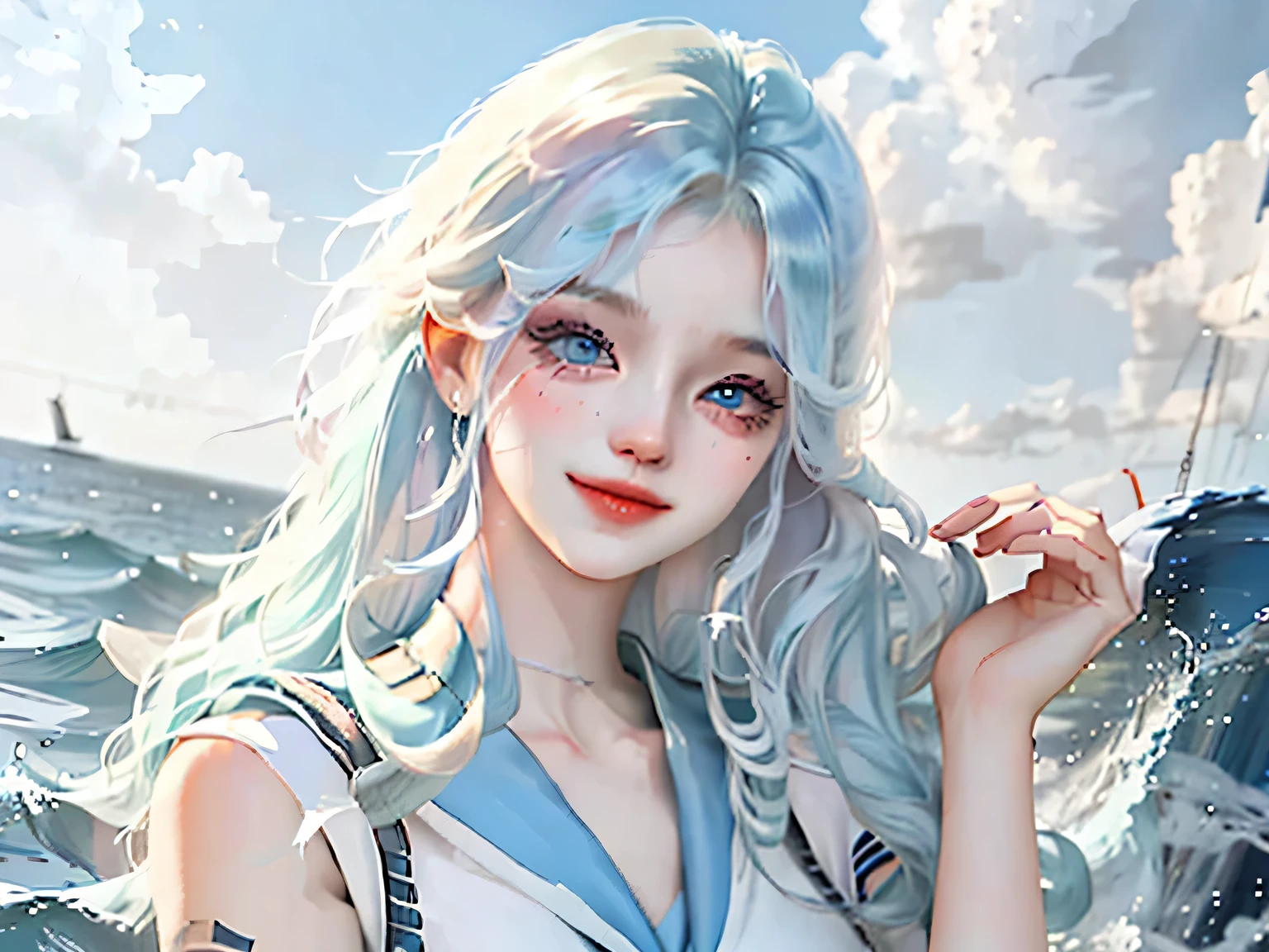 A young girl with aqua blue hair，The hair is turned upside down，Has navy blue eyes，Wearing a sailor suit，Look forward and smile.