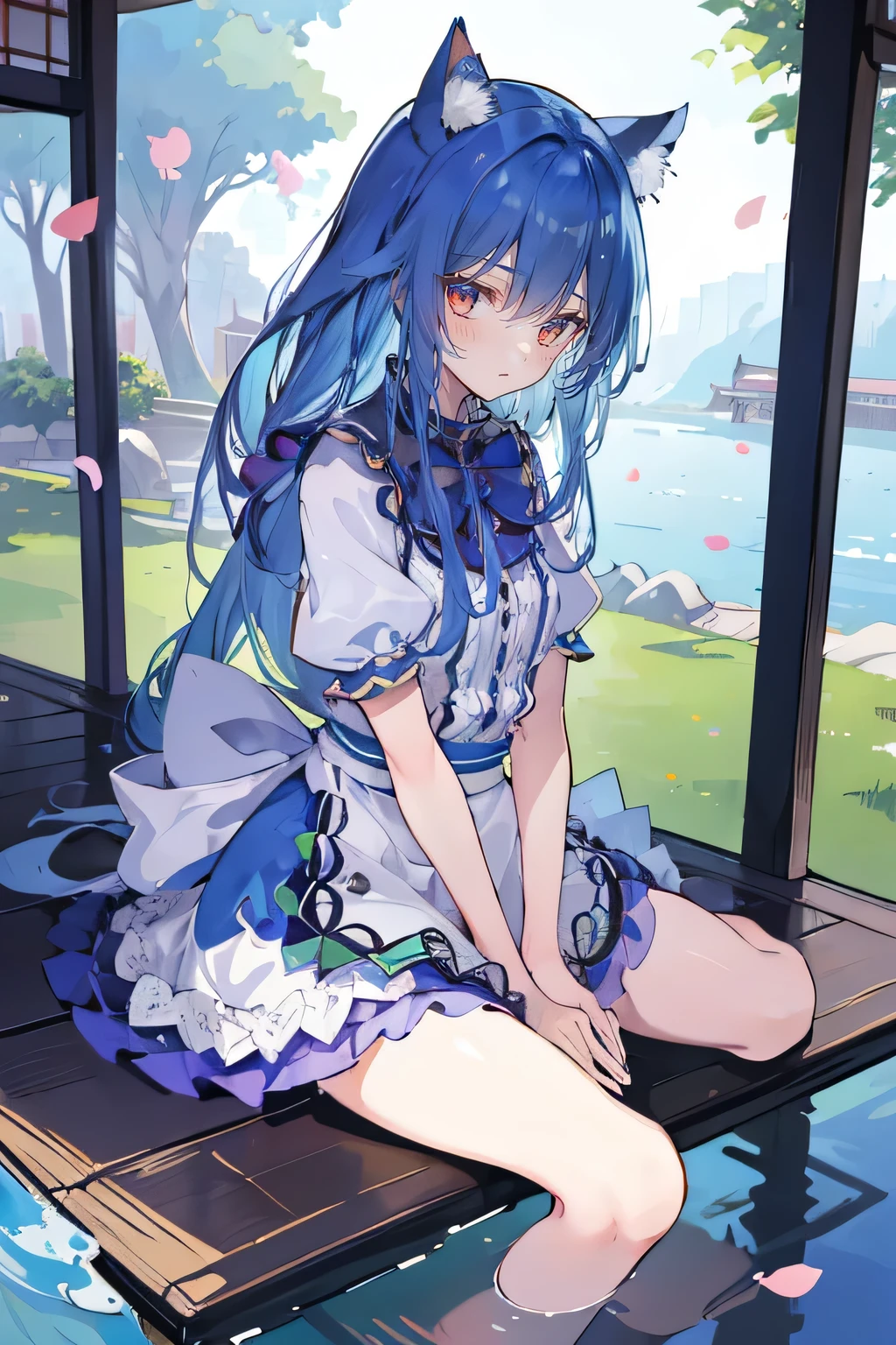 (masterpiece:1.2),ultra-detailed,realistic,expressive eyes,fair-skinned,perfectly shaped face,1girl,
Japanese cartoons,Gorgeous blue hair, flowing blue hair,floating clothes,cat ears,petals falling,beautiful Lola,Hina Angel,
hands on waist,gracefully sitting on the ground,legs crossed,gentle and serene background,cool and comfortable pavilion.