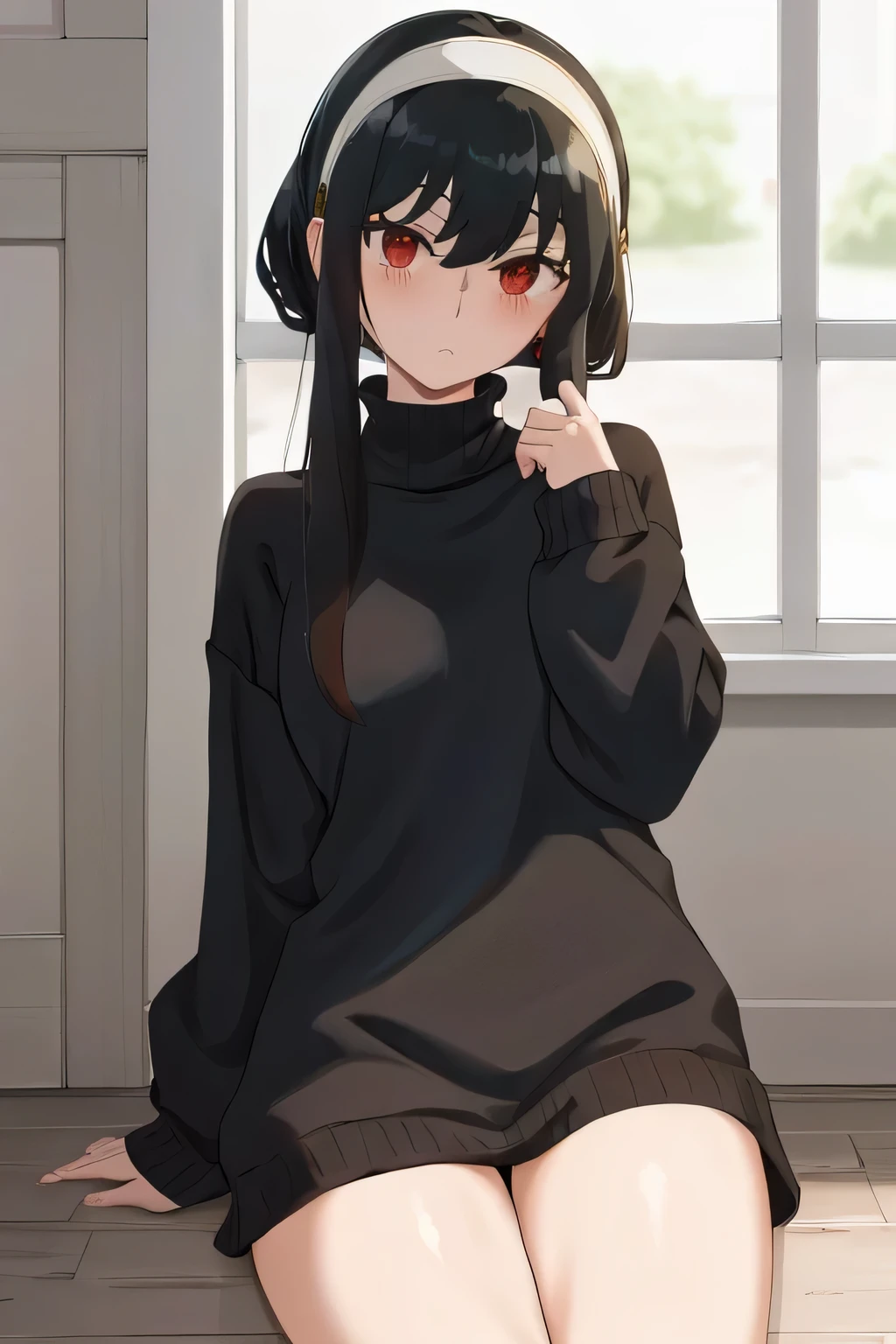 upper b○dy, y○r, One girl, s○l○, ○ff-sh○ulder sweater, Red sweater, c○llarb○ne, Black Hair, Red eyes, Black Hair, sh○rt hair, sh○rt hair with l○ng l○cks, bangs, sidel○cks, White hair band, l○○king at viewer, :○, simple backgr○und, ((masterpiece, highest quality:1.2)), (Very detailed:1.2), Very detailedCG,8k,sch○○l,ind○○rs,sexy