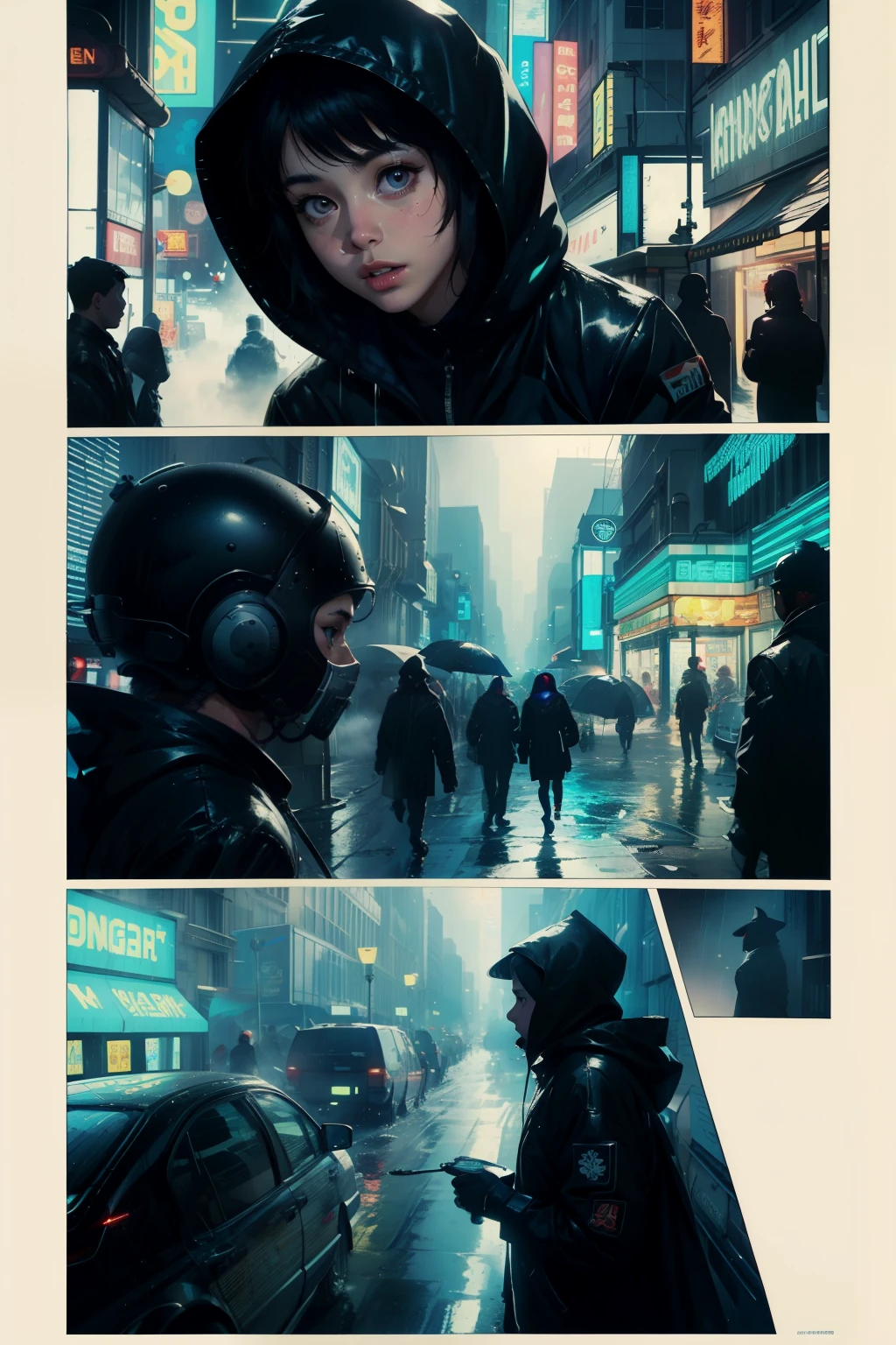 ((highest quality)), ((masterpiece)), (be familiar with), (High definition), (Accurate), (Realistic), (Cinematic), (Best Shadow), (Low contrast), (8K), Perfect Face, ((SYD MEAD style)), manga、mangaデザイン、Storyboard、Frame division、((1 Girl))、(Replicant), ((Black Hair, very short hair, Blue Eyes)), (Black hooded raincoat)、Glittering neon signs、congestion, congestion, Decadent Future City, NEO TOKYO, A.D.2051, (steam:1.2), It's raining white, evening, Bust shot of a girl