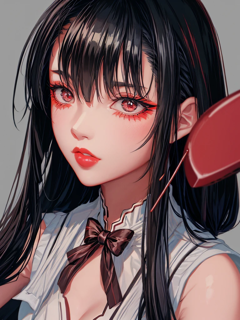 1girl, solo, long hair, looking at viewer, black hair, brown eyes, parted lips, grey background, black eyes, lips, makeup, lipstick, portrait, eyeshadow, red lips