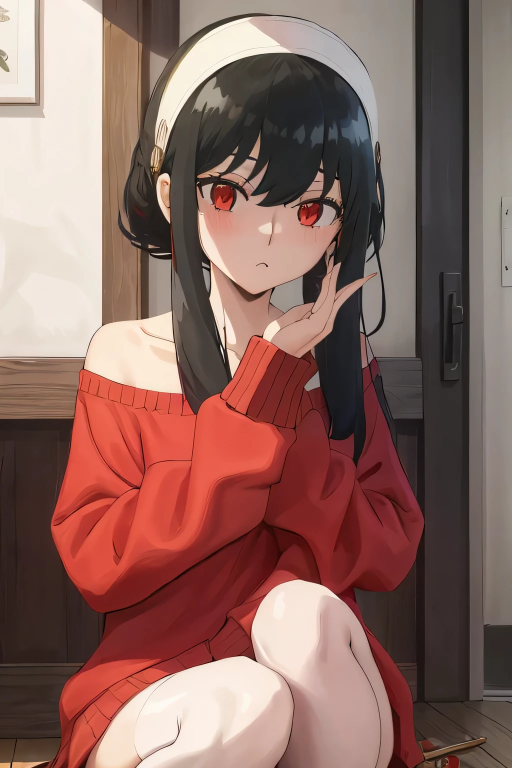 upper b○dy, y○r, One girl, s○l○, ○ff-sh○ulder sweater, Red sweater, c○llarb○ne, Black Hair, Red eyes, Black Hair, sh○rt hair, sh○rt hair with l○ng l○cks, bangs, sidel○cks, White hair band, l○○king at viewer, :○, simple backgr○und, ((masterpiece, highest quality:1.2)), (Very detailed:1.2), Very detailedCG,8k,sch○○l,ind○○rs,sexy