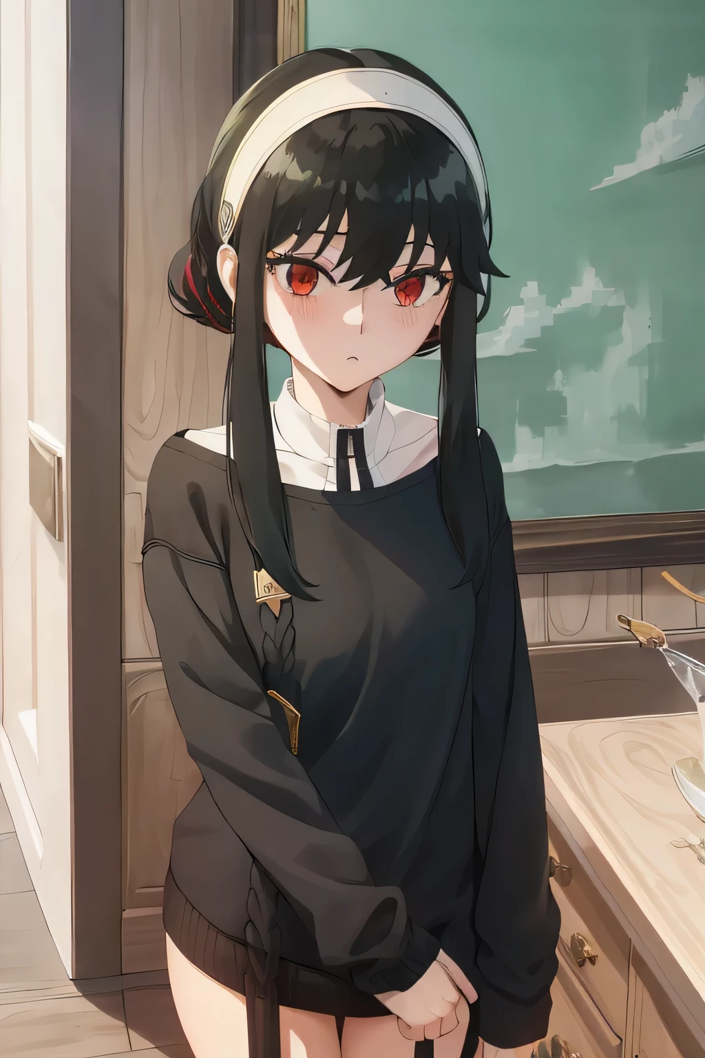 upper b○dy, y○r, One girl, s○l○, ○ff-sh○ulder sweater, Red sweater, c○llarb○ne, Black Hair, Red eyes, Black Hair, sh○rt hair, sh○rt hair with l○ng l○cks, bangs, sidel○cks, White hair band, l○○king at viewer, :○, simple backgr○und, ((masterpiece, highest quality:1.2)), (Very detailed:1.2), Very detailedCG,8k,sch○○l,ind○○rs,sexy