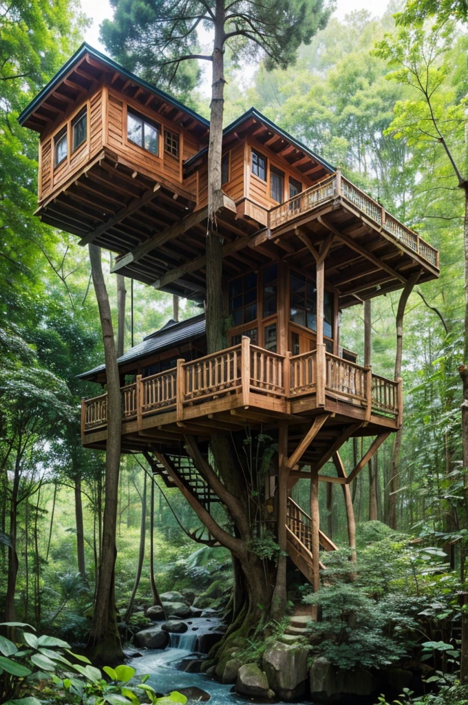 Perfection The Coolest tree house in forest next to the swimming pool and waterfall with amount of flowers
