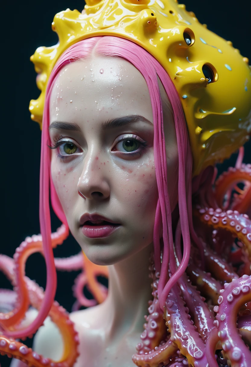 8K, ARTISTIC photogrAphy, best quAlity, mAsterpiece: 1.2), A (potrAit:1.2) witch BLOOD Toon Doll Cthulhu nun QUEEN, PINK many octopus style tentacles, full body RAW candid cinema, yellow hair, 16mm, color graded portra 400 film, remarkable color, ultra realistic, sad admosphere, dark lighting, oppressive atmosphere, depressive colors, kodak portra 400, photograph,r, Natural Light, Pinhead lighgts, blur reflection, Brush Strokes, Smooth, abstract, Splatter, Oil On Canvas, rainbow colors, fractal isometrics details bioluminescens : a stunning realistic photograph of wet bone structure, 3d render, octane render, intricately detailed, titanium decorative headdress, cinematic, trending on artstation | Isometric | Centered
